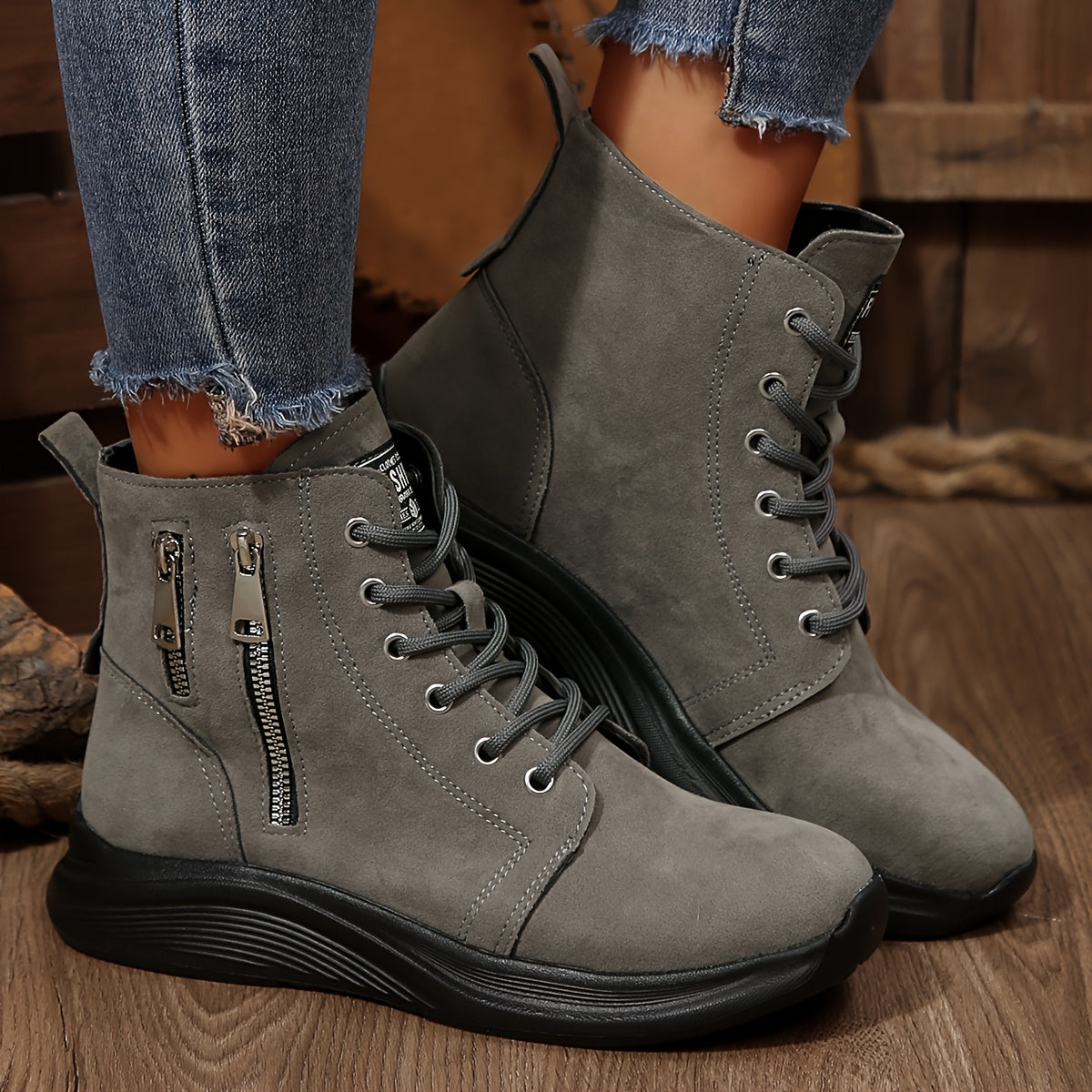Women's Ankle Boots Solid Color Casual Lace-Up Round Toe Flat Heel