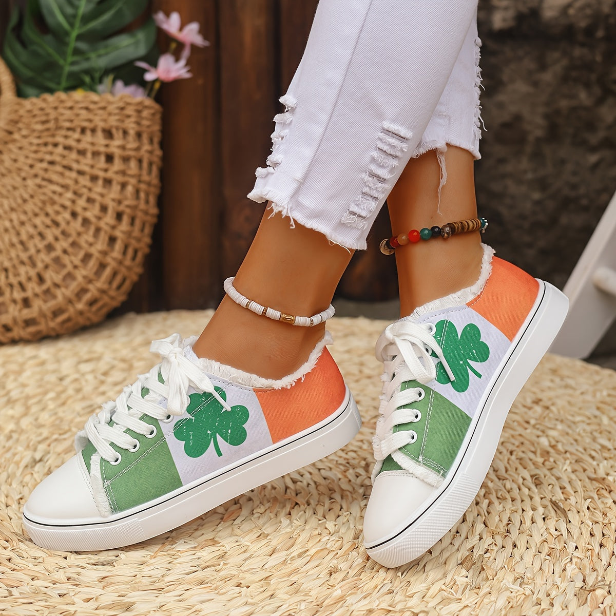 Zapatillas casuales de tela transpirable para mujer con diseño de trébol con bandera irlandesa