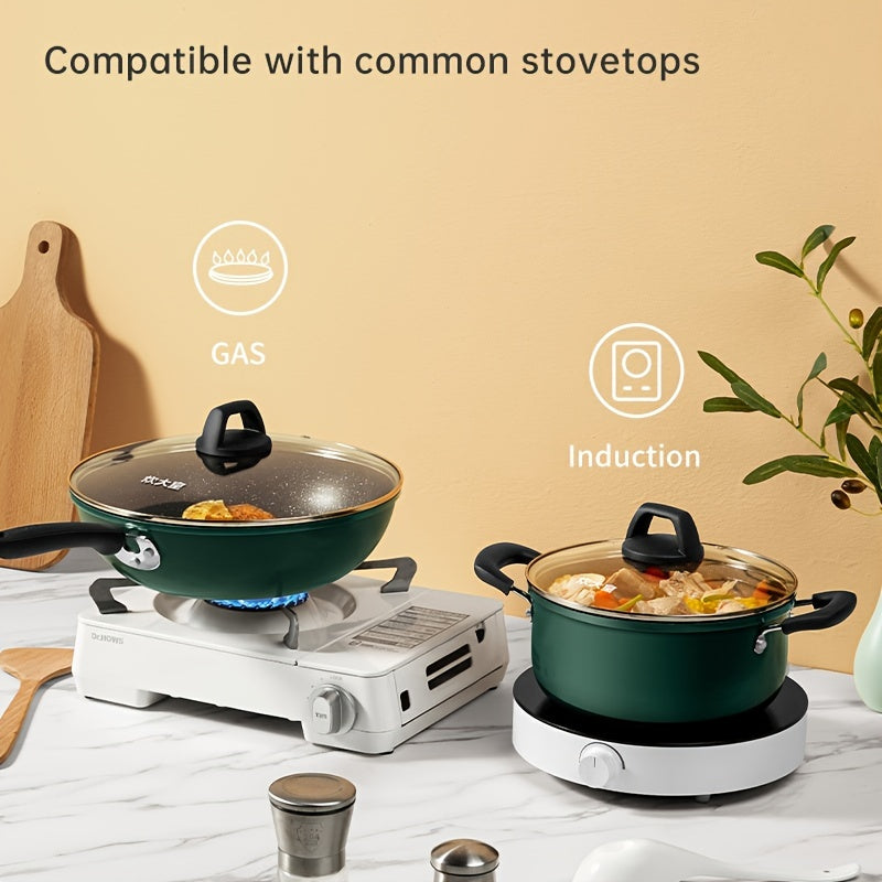 22cm Non-Stick Stew Pot with Glass Lid Induction Gas Stove Compatible Dual Handles