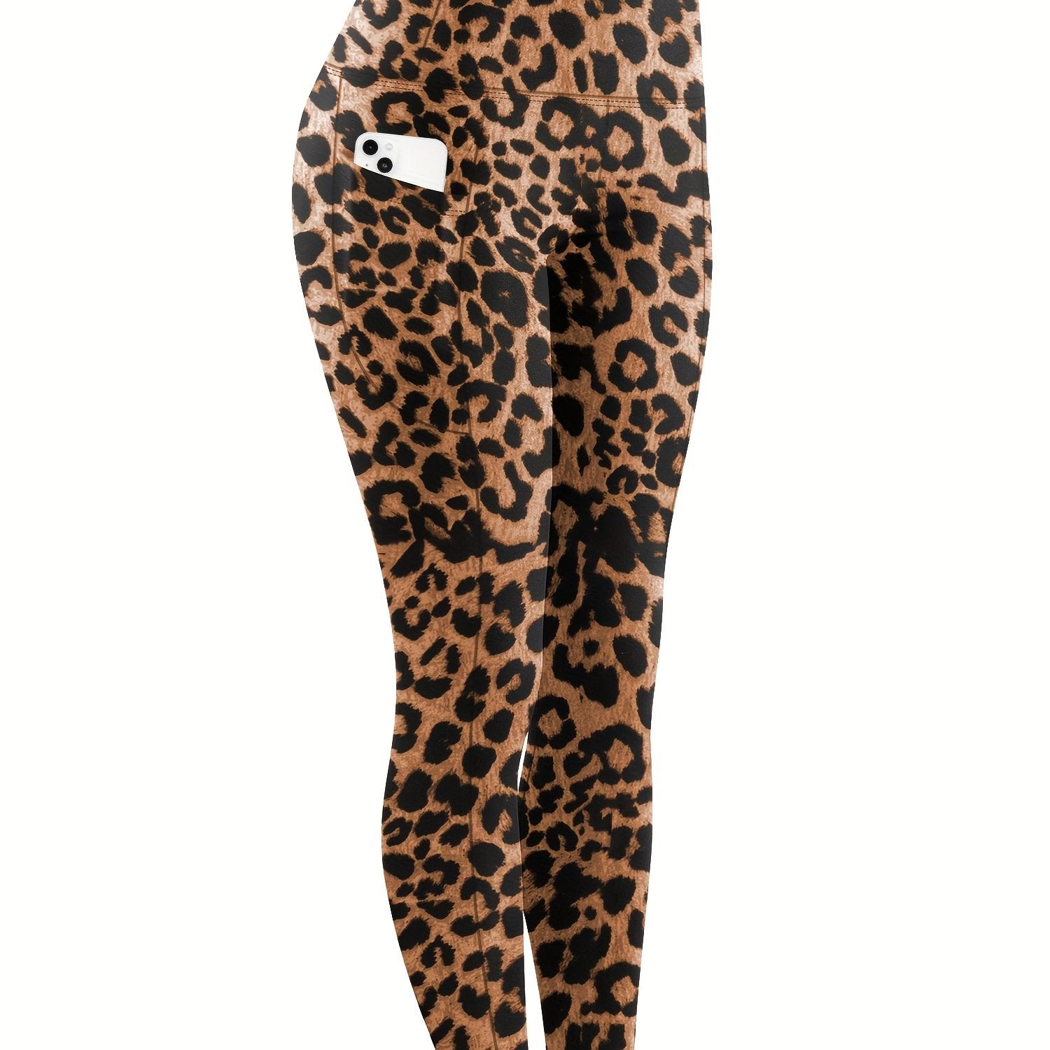 Leggings de talla grande con control de barriga y cintura alta con bolsillos y estampado de leopardo