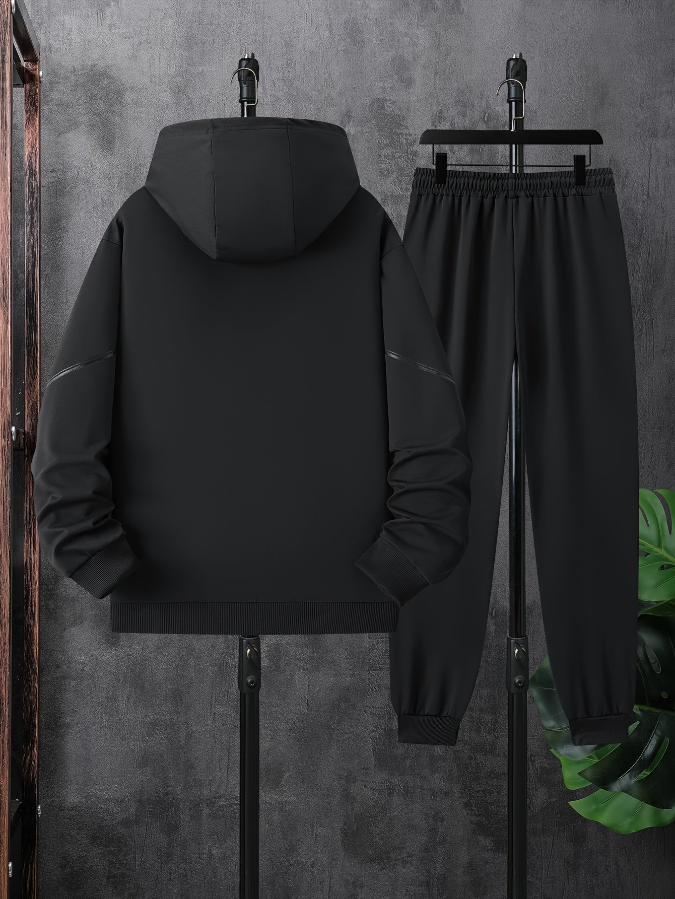 Men's Black Striped Athletic Hoodie and Jogger Set Polyester Spring Fall Sportswear