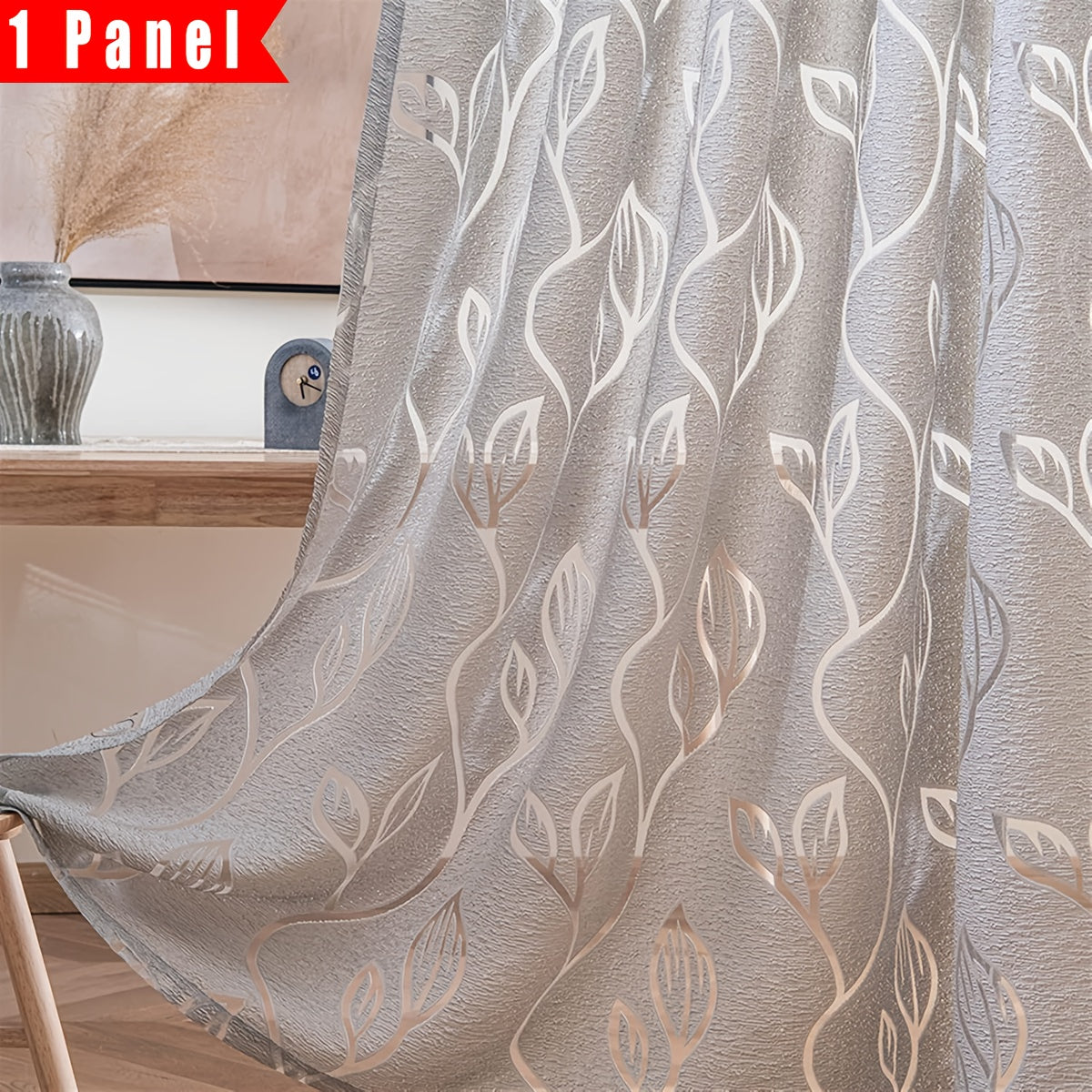 Light Gray Leaf Jacquard Sheer Curtain with Rod Pocket for Bedroom Living Room Office