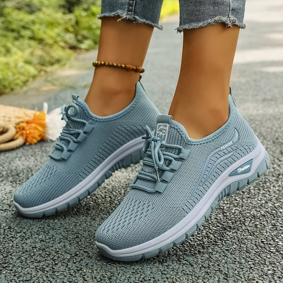 Women's Casual Knit Running Shoes with Lace-Up Patterned Design
