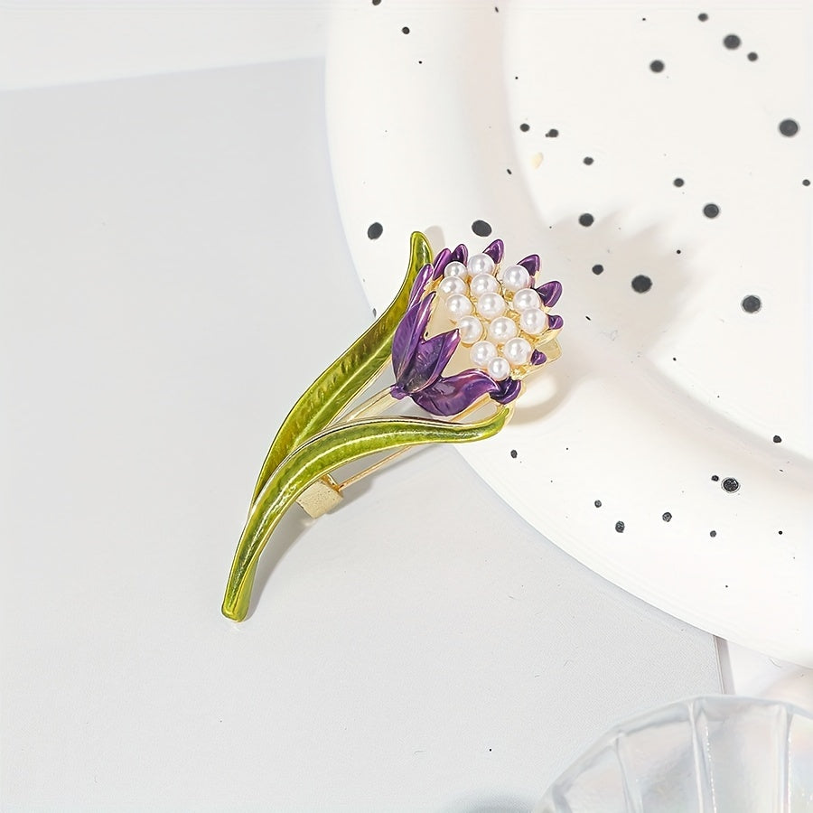Women's Tulip-Shaped Brooch with Faux Pearl Decoration for Dresses and Coats