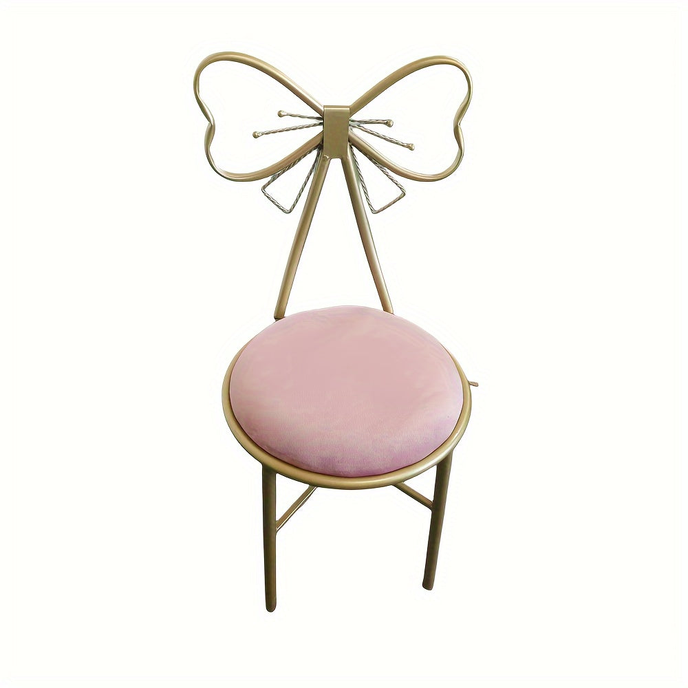 Mato yostiqli va kamon tugmachali metall oyna stuli, qizlar va o'smirlar uchun ideal, kiyinish stollari yoki yon stullar uchun mukammal.