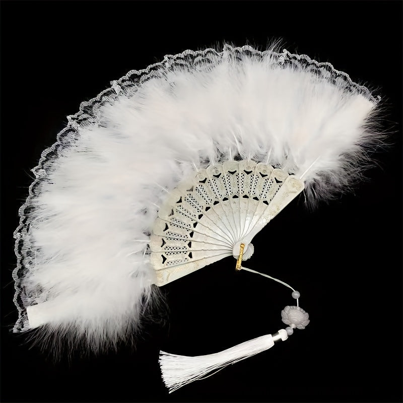 Handcrafted Feather Fan with Lace Edge and Jade Accent for Performances
