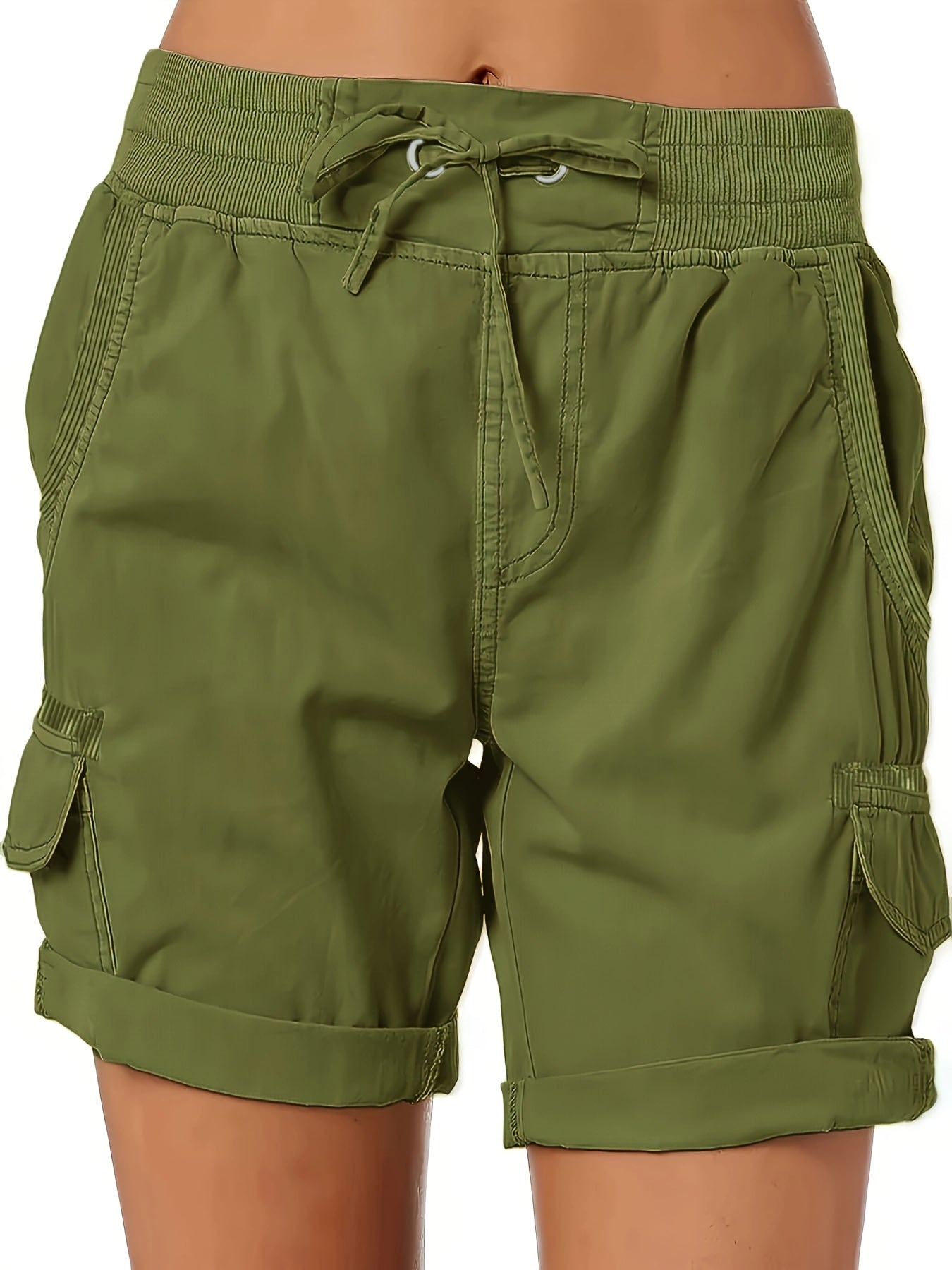 Шорты женские больших размеров оливкового цвета с кроем-карго, шнурком на поясе и боковыми разрезами