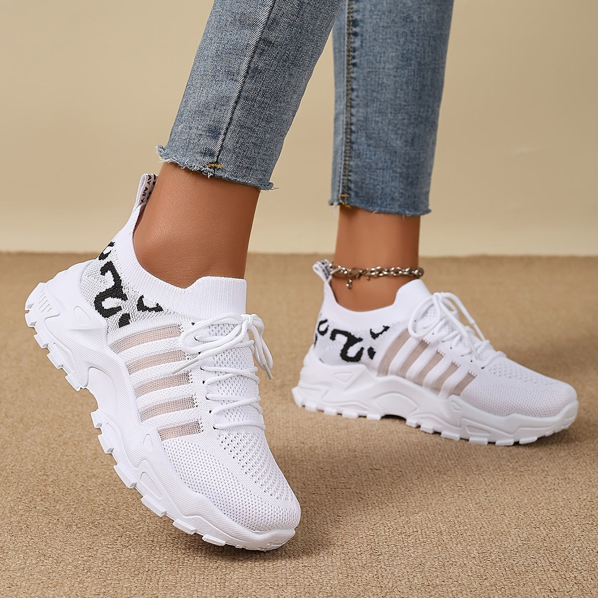 Women's Leopard Print Sneakers Breathable Mesh Low-Top Running Shoes