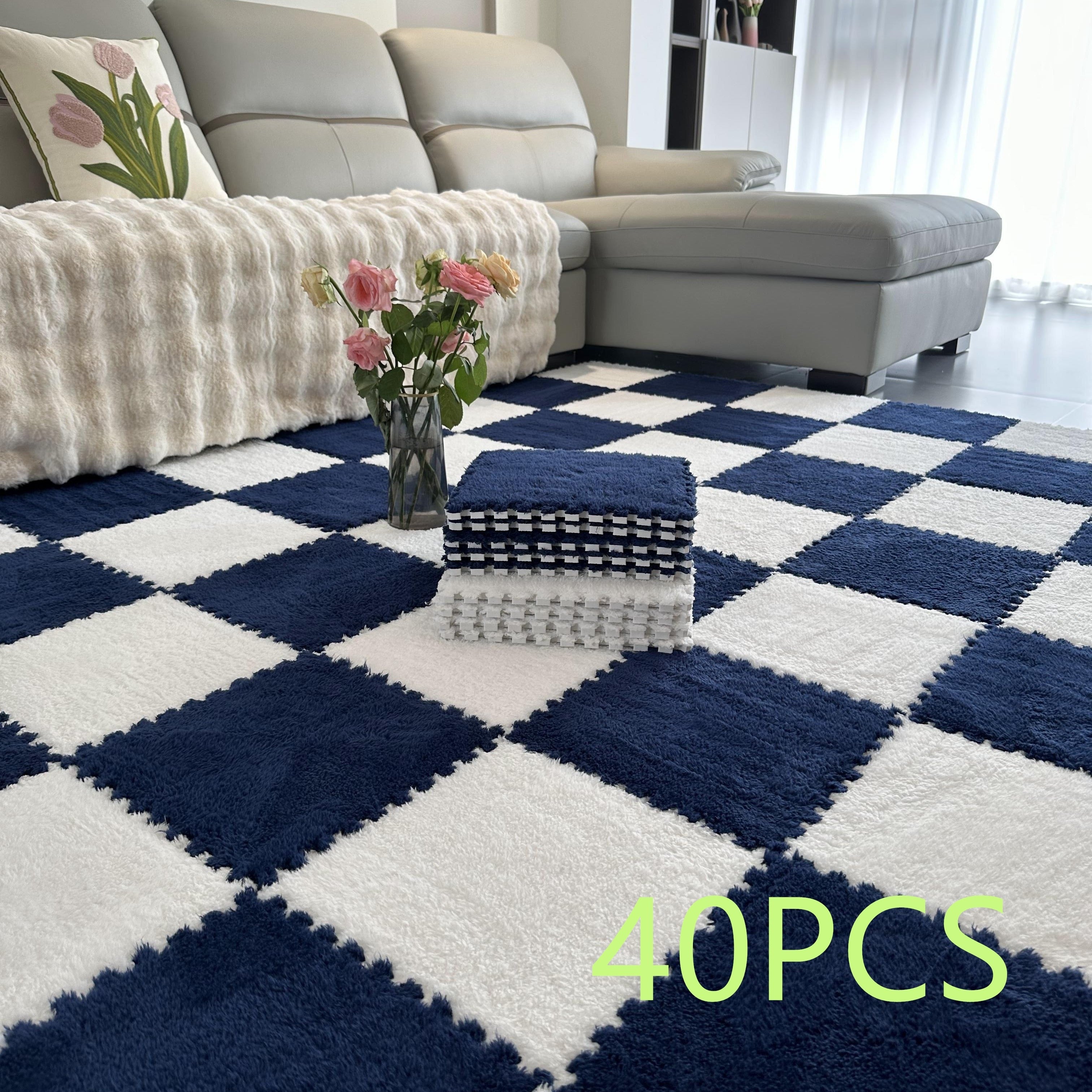 Juego de 40 baldosas de moqueta entrelazadas para uso en interior de dormitorio, diseño de cuadros de pelo bajo