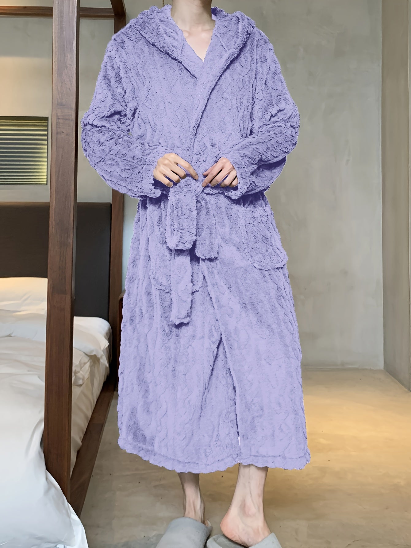 Men's Hooded Fleece Robe with Belt Soft Plush Flannel for Winter Casual Sleepwear