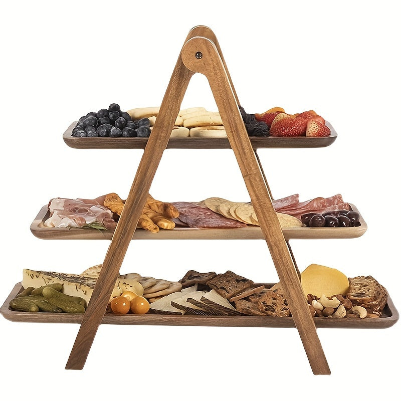 3-Tier Acacia Hardwood Serving Tray for Kitchen Organization Buffet Display