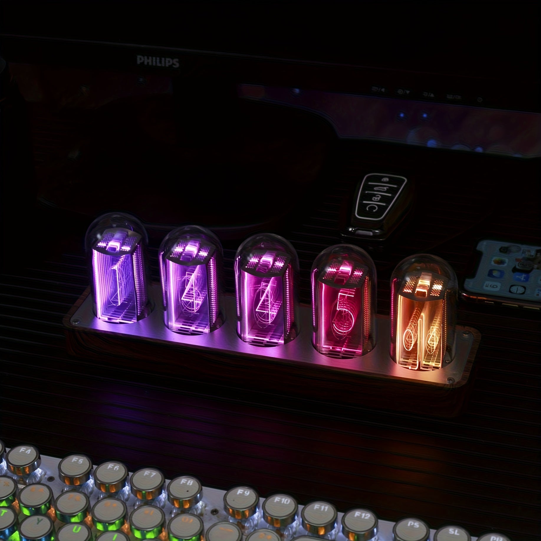 Digital Nixie Tube Clock with Wi-Fi Calibration Alarm and RGB Display in Walnut Finish