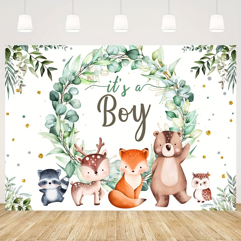 Baby Shower Background for Boy with Green Garland Fox and Wild Animals