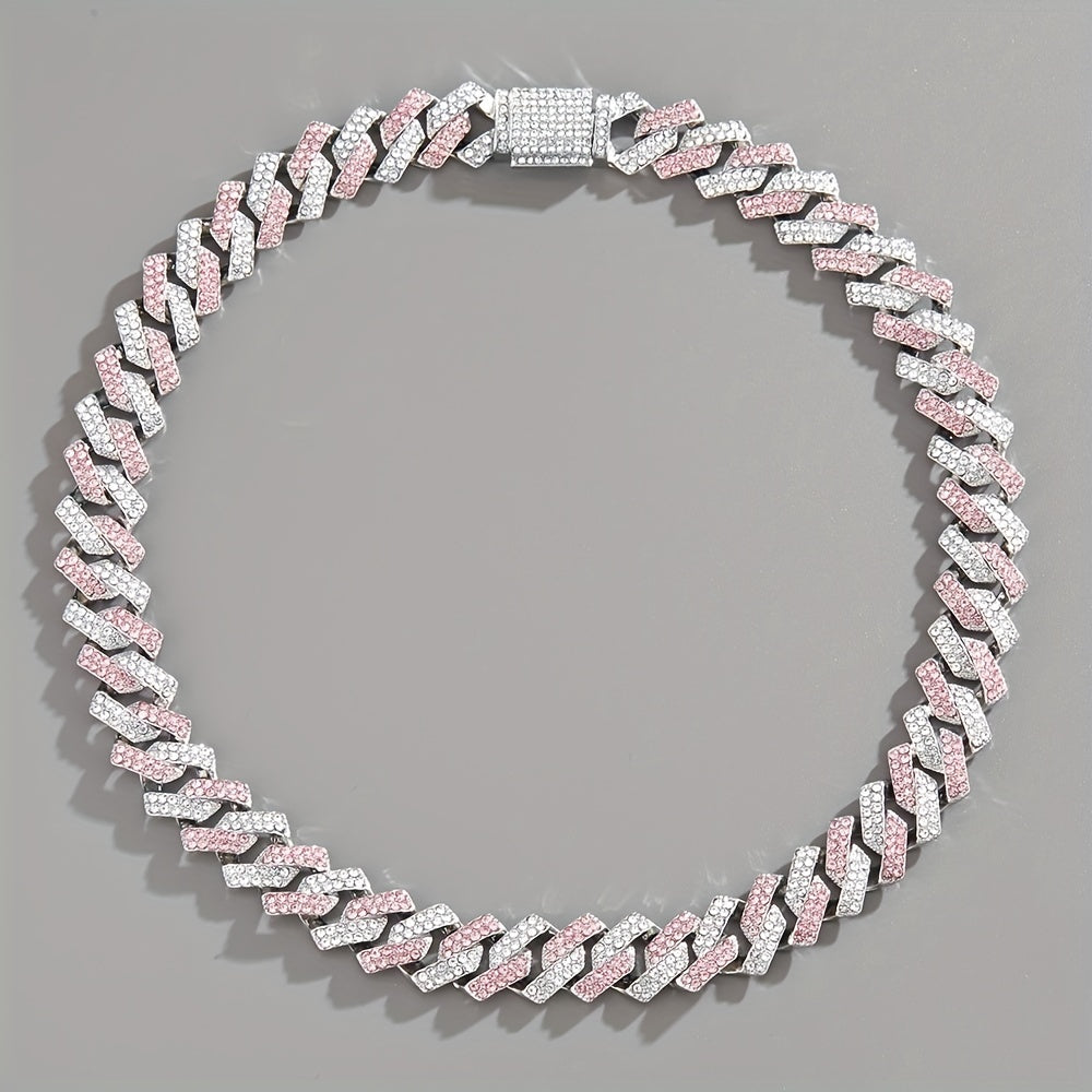 Men's Silver Pink Blue Cuban Link Chain Iced Out Lab Faux Diamonds Miami Necklace Choker