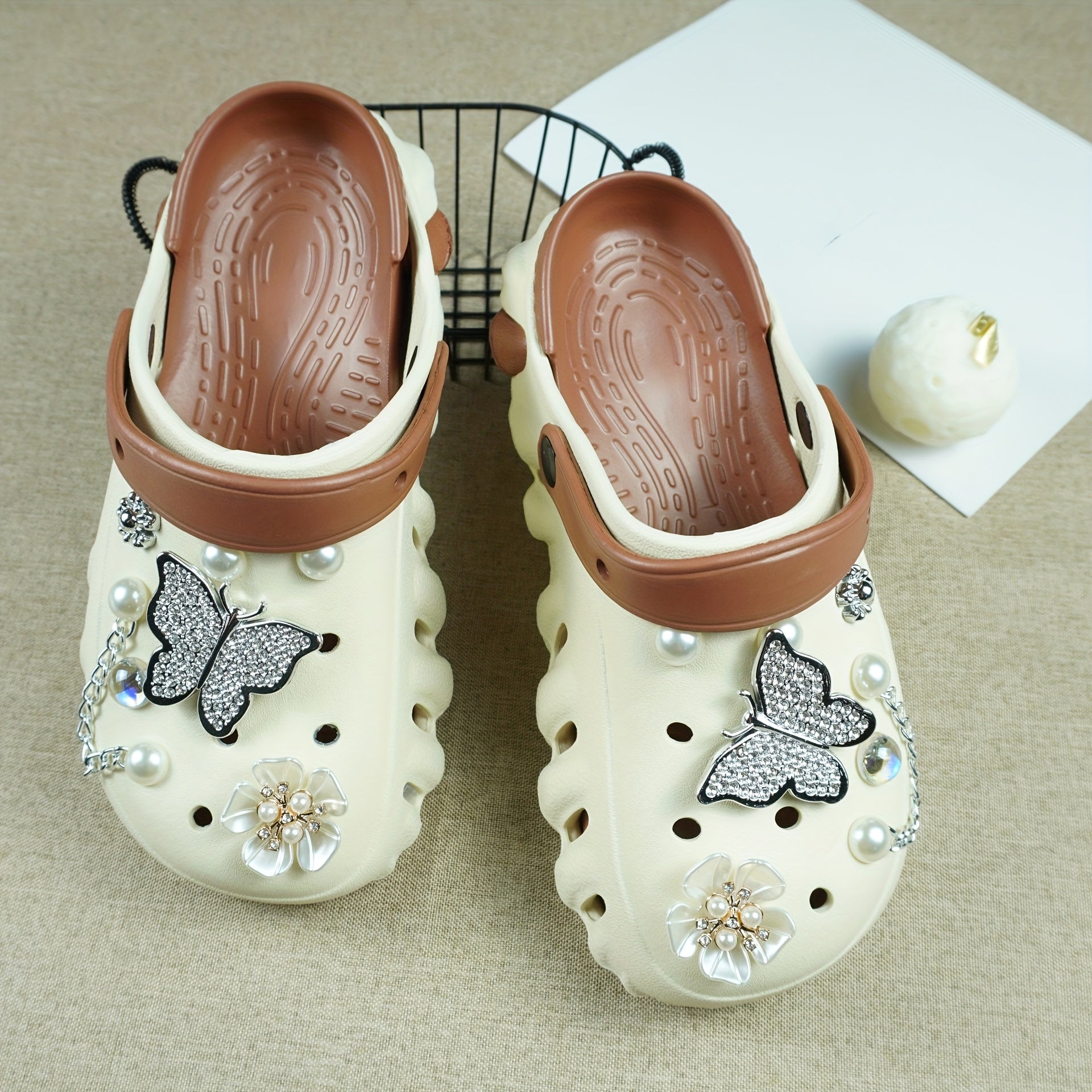 Women's Color-Block EVA Clogs with Rhinestone Butterfly and Flower Charms