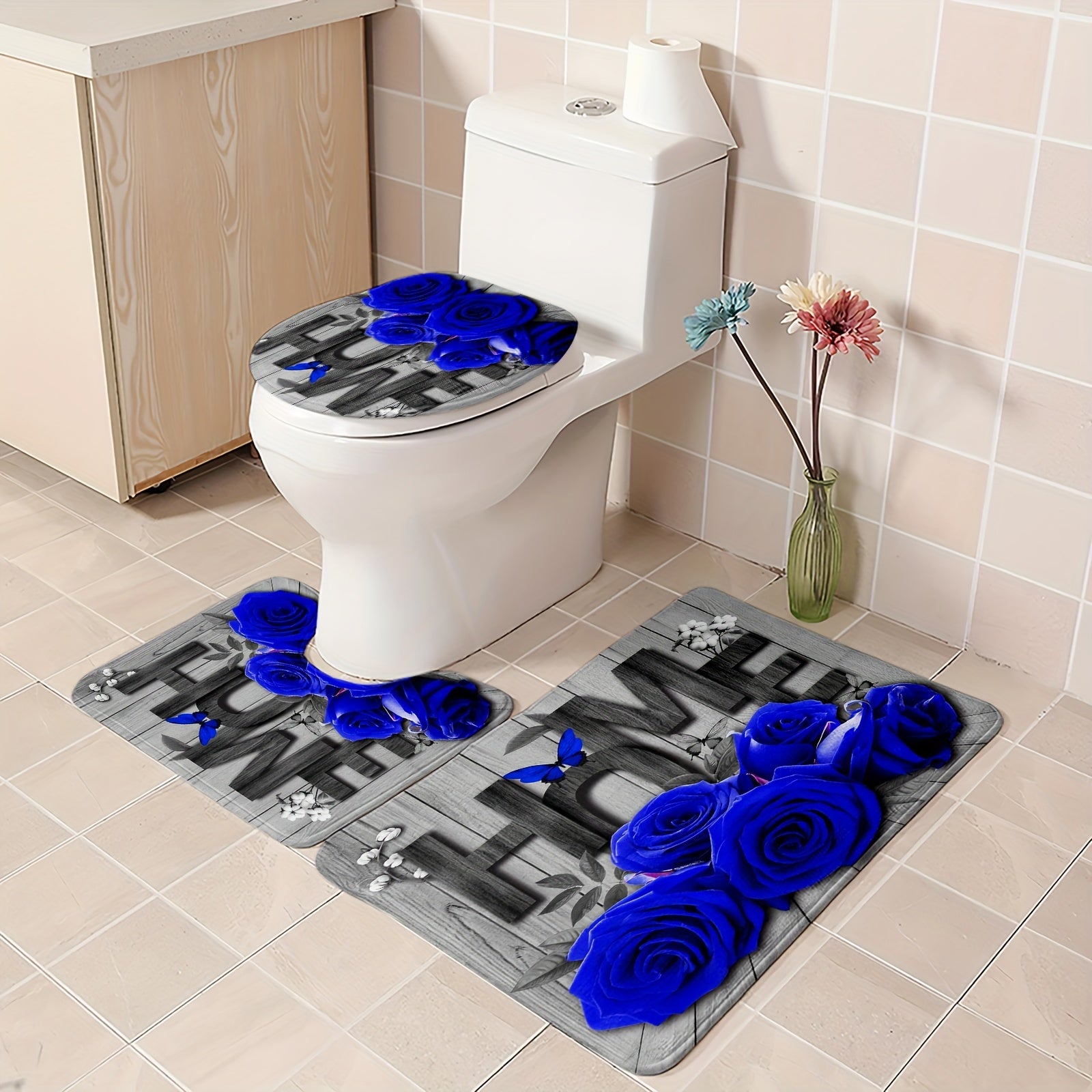 Romantic Rose and Butterfly Polyester Bathroom Set with Shower Curtain Non-Slip Mats Rug and Toilet Lid Cover