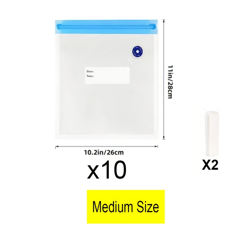 12-pack vacuum food storage bags with zipper, includes 10 bags 2 clips