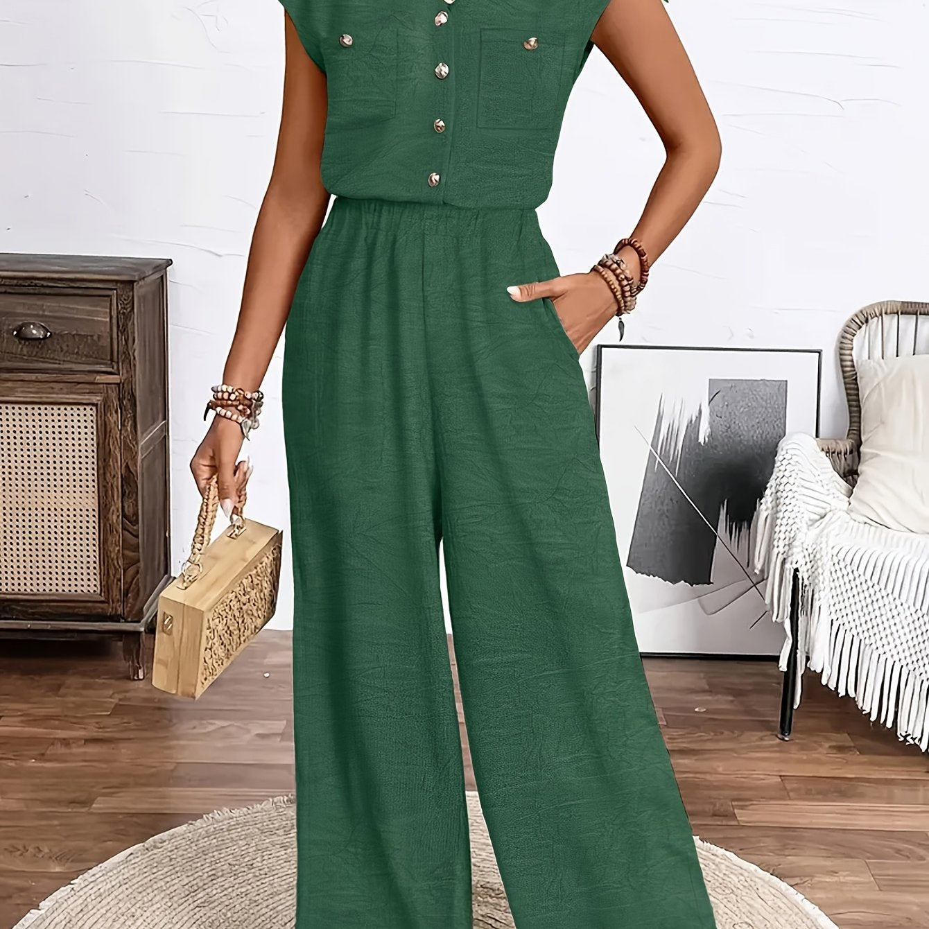 Women’s Plus Size Olive Green Jumpsuit Formal Casual Button-Front