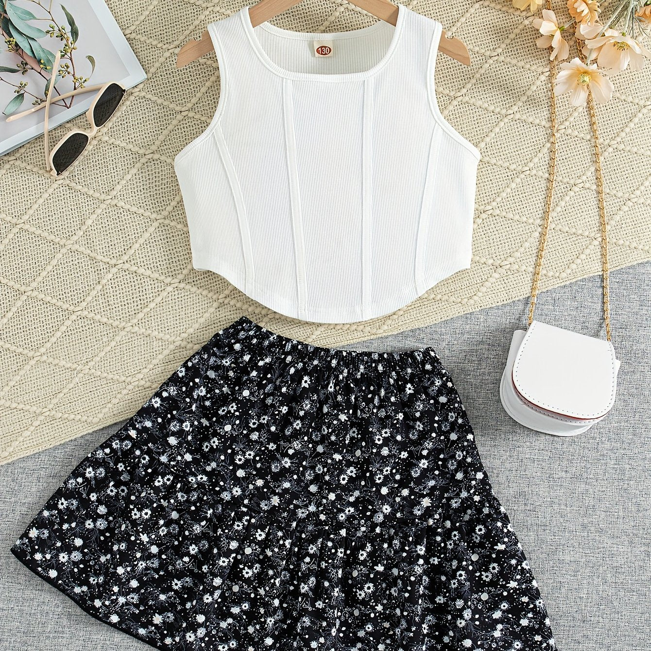 Girls Summer Casual 2-Piece Set Sleeveless Knit Top Ditsy Floral Skirt Polyester Elastane