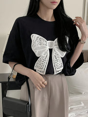 Women's Casual Crew Neck T-Shirt with Lace Bow Pattern for Spring Summer