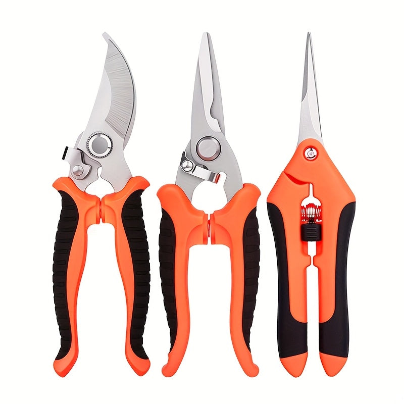 3-Piece Stainless Steel Garden Pruning Shears Set Non-Slip Handles High-Tension Springs Modern Blades