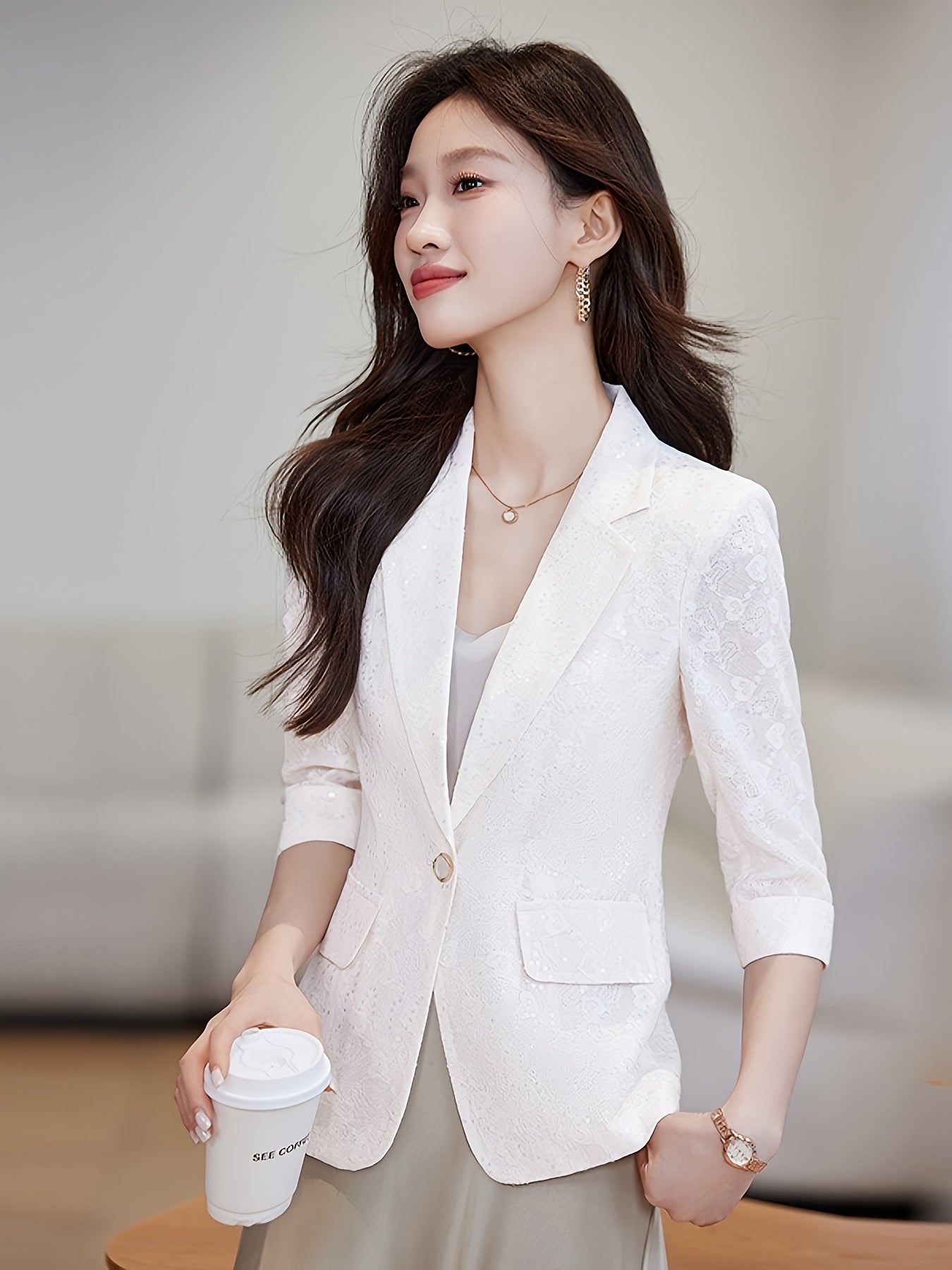 Women's White Blazer Jacket with Notch Lapel, 3/4 Sleeves, Single Button