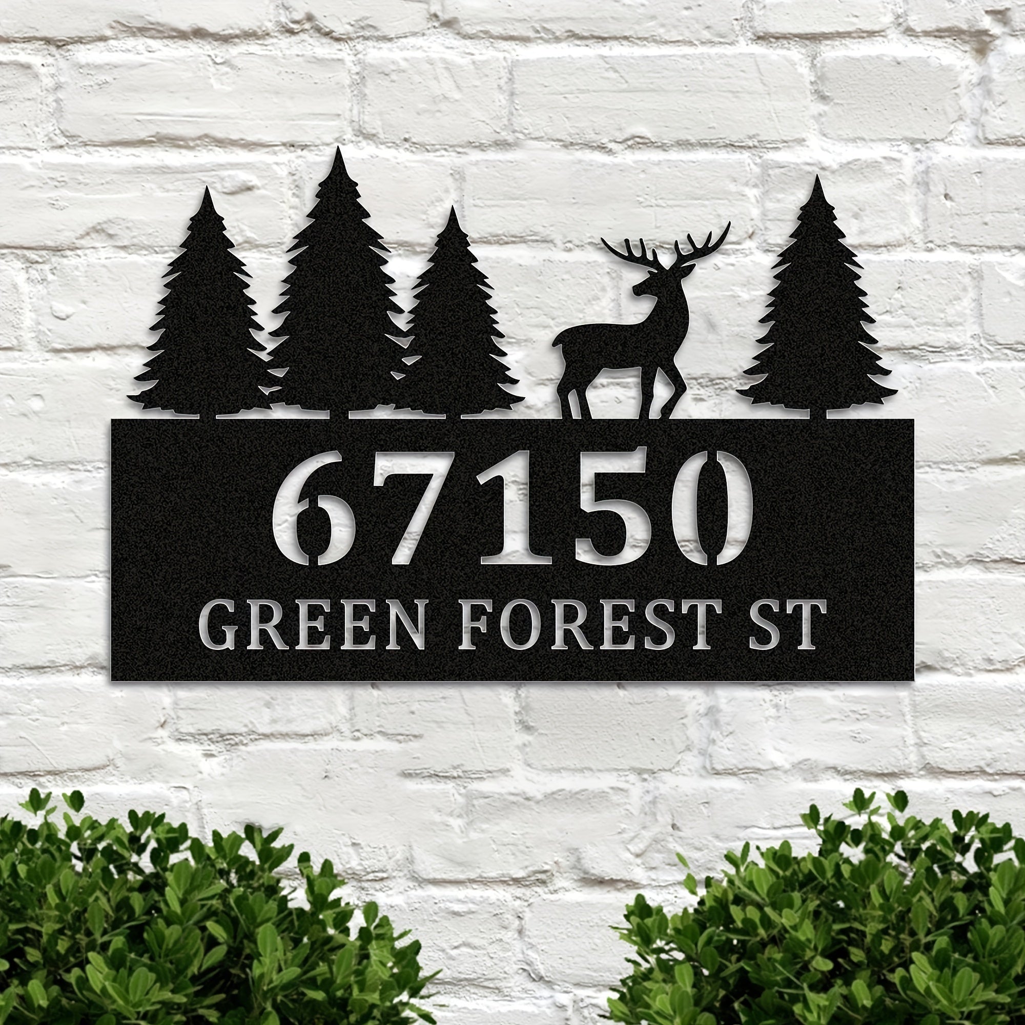 Metal House Number Sign with Forest and Deer Silhouette Waterproof Wall Art for Outdoor Entryway