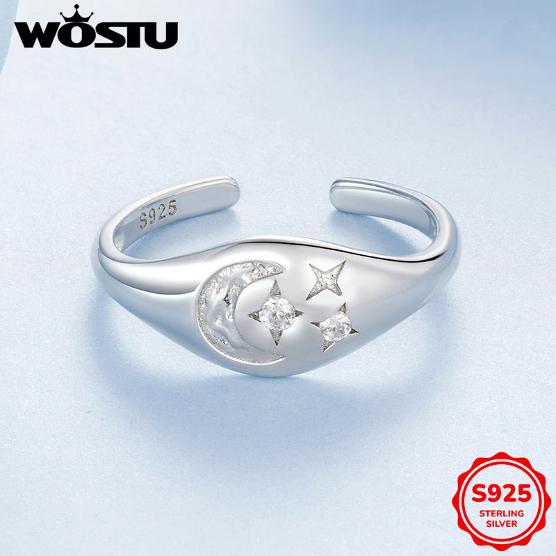 Women's Silver Open Ring with Star and Moon Design and Synthetic Zirconia Stones