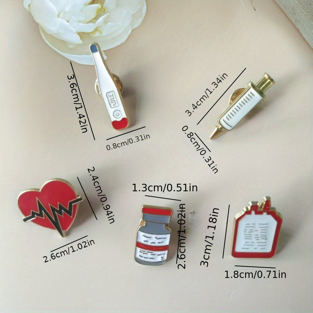 Set of 10 Nurse Themed Heart Brooches with Stethoscope Syringe and Thermometer Charms