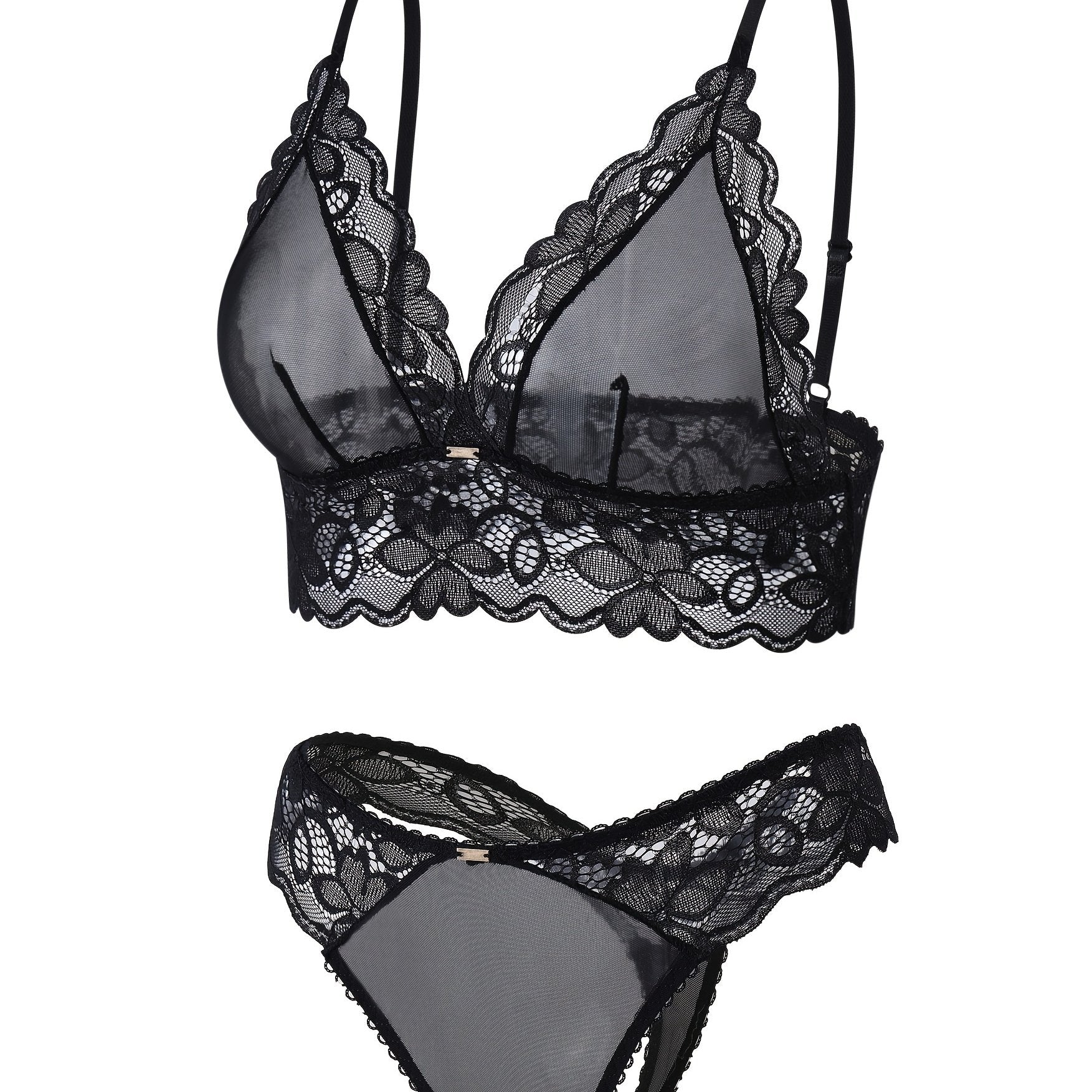 Women's Floral Lace Lingerie Set with Scallop Trim Wireless Bra and Mesh Panties