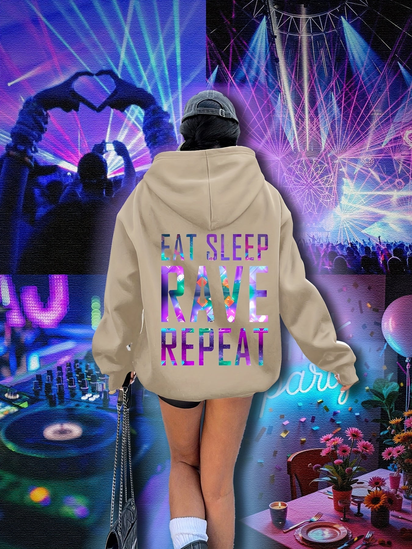 Sudadera con capucha gráfica de talla grande para mujer, festival de música rave, luces, casual, de sobreponer