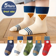 Kids Socks Set 5 Pairs Cartoon Pattern Knit Fabric Fall Winter Mid-Calf Unisex