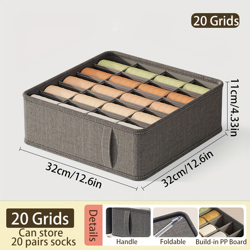Gray Cationic Sock Storage Box with 6 7 or 20 Compartments Foldable Organizers for Underwear Bras and Socks