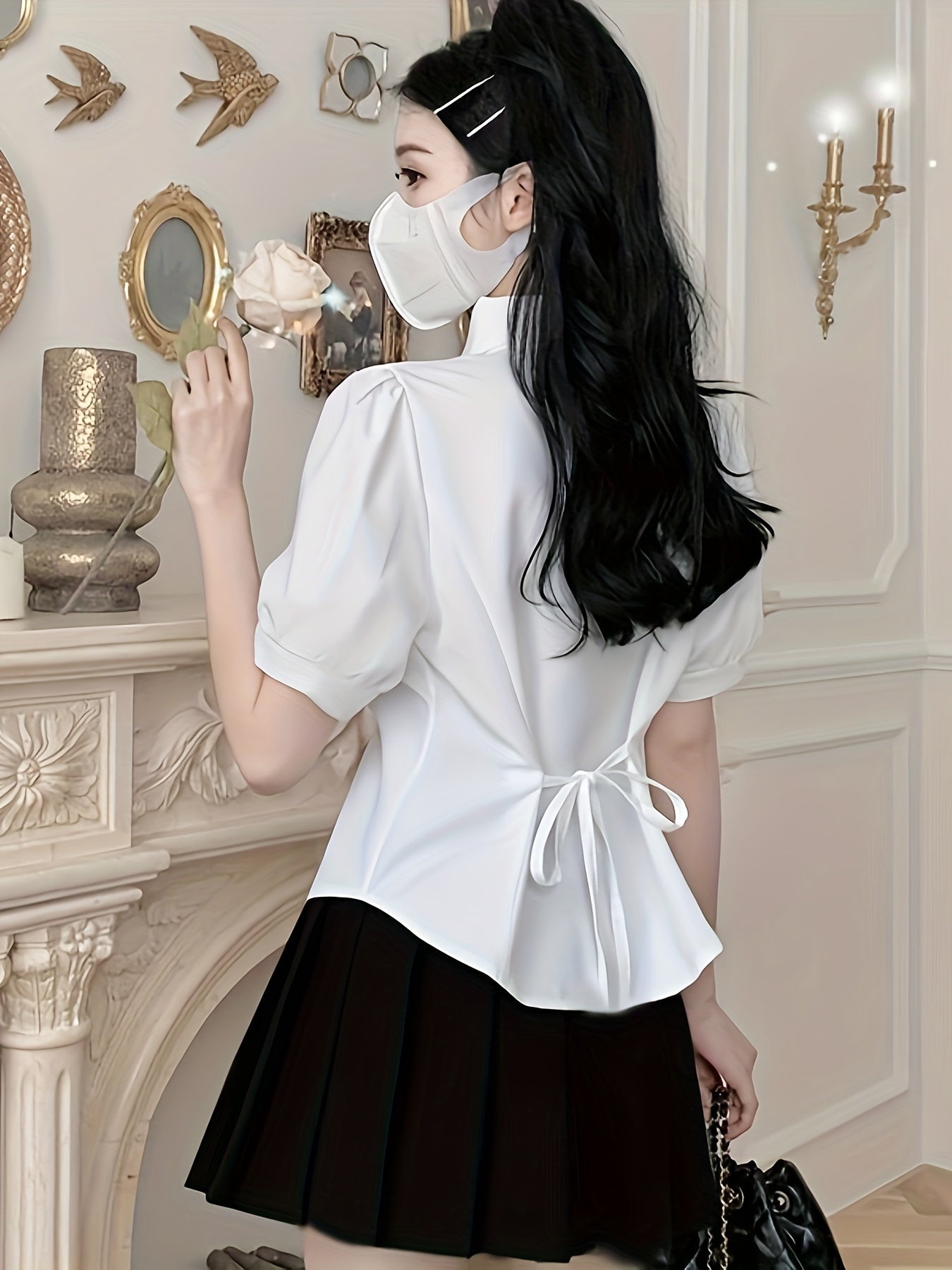 Women's White Polyester Blouse with Tie-Waist and Short Lantern Sleeves for Casual Wear