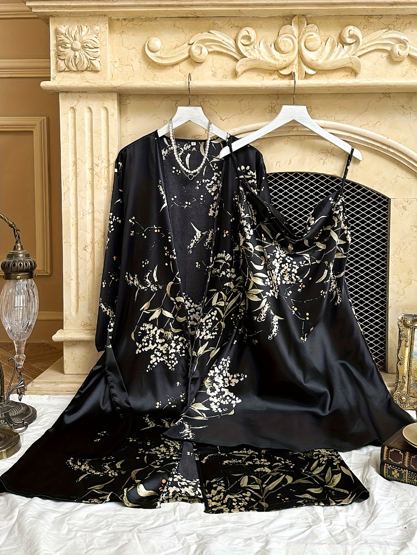 Women's Cherry Print Satin Robe Set 2-Piece All-Season Loungewear