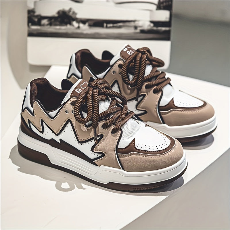 Women's Low-Top Casual Sneakers White Brown Synthetic Mesh Lace-Up Shoes