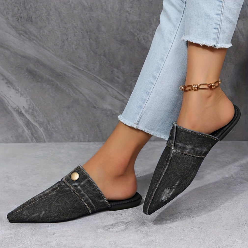 Women's Denim Flat Mules with Pointed Toe Slip-On Casual Outdoor Shoes
