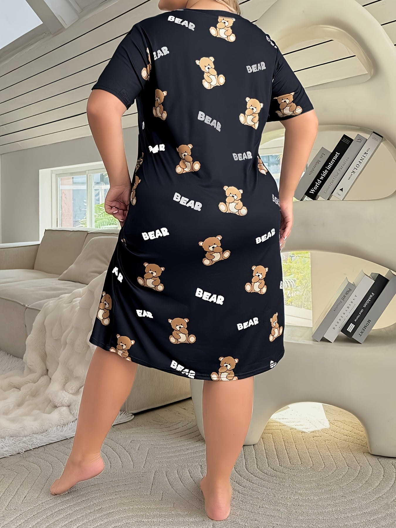 Plus Size Women's Sleep Dress Teddy Bear Letter Print Short Sleeve Nightdress