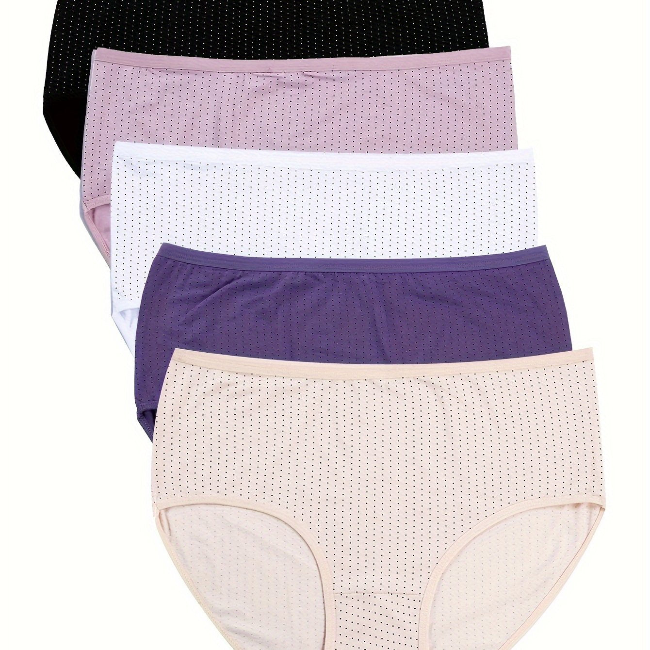 Plus Size Women's Mid-Waist Polka Dot Cotton Briefs Set of 5 Breathable Comfortable