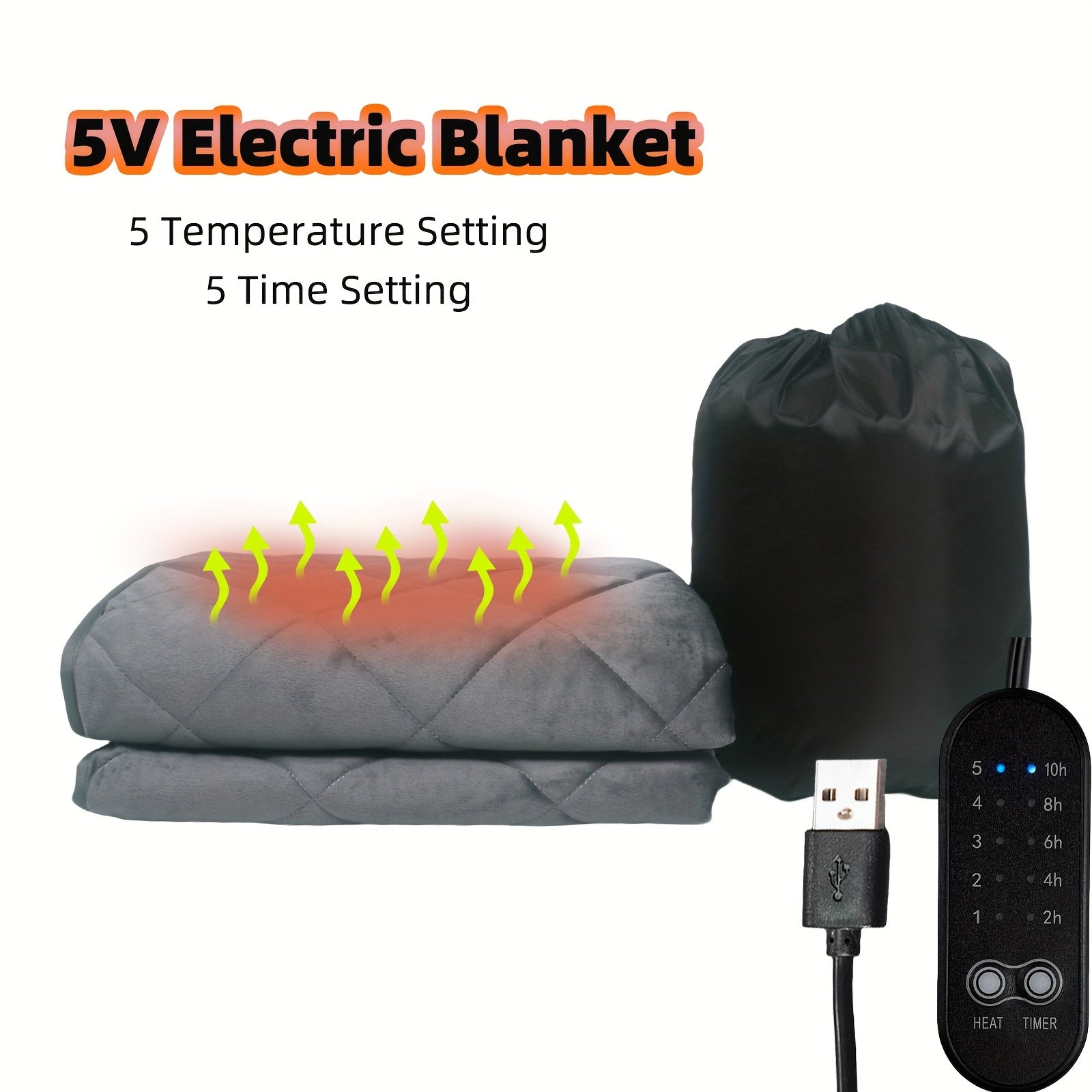 USB Electric Blanket with Crystal Velvet Fabric Non-Slip Bottom 5 Heat Settings Machine Washable