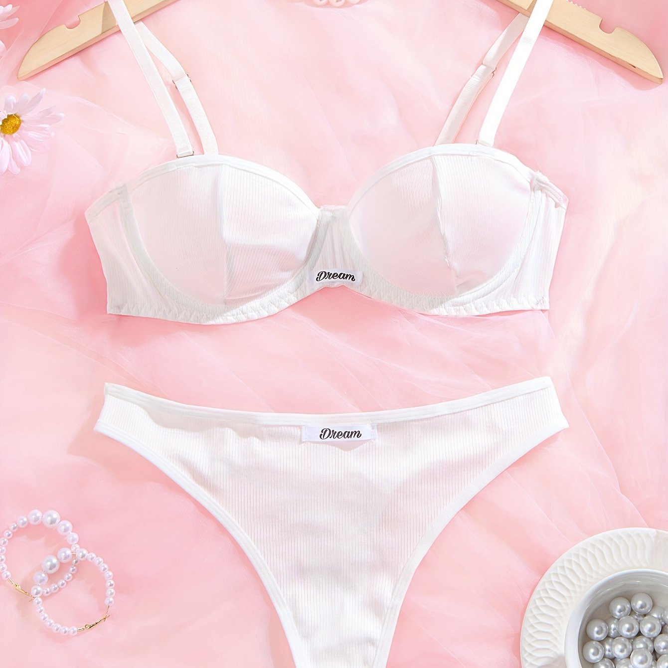 Women's Rib Knit Lingerie Set with Spaghetti Strap Bra and Thong