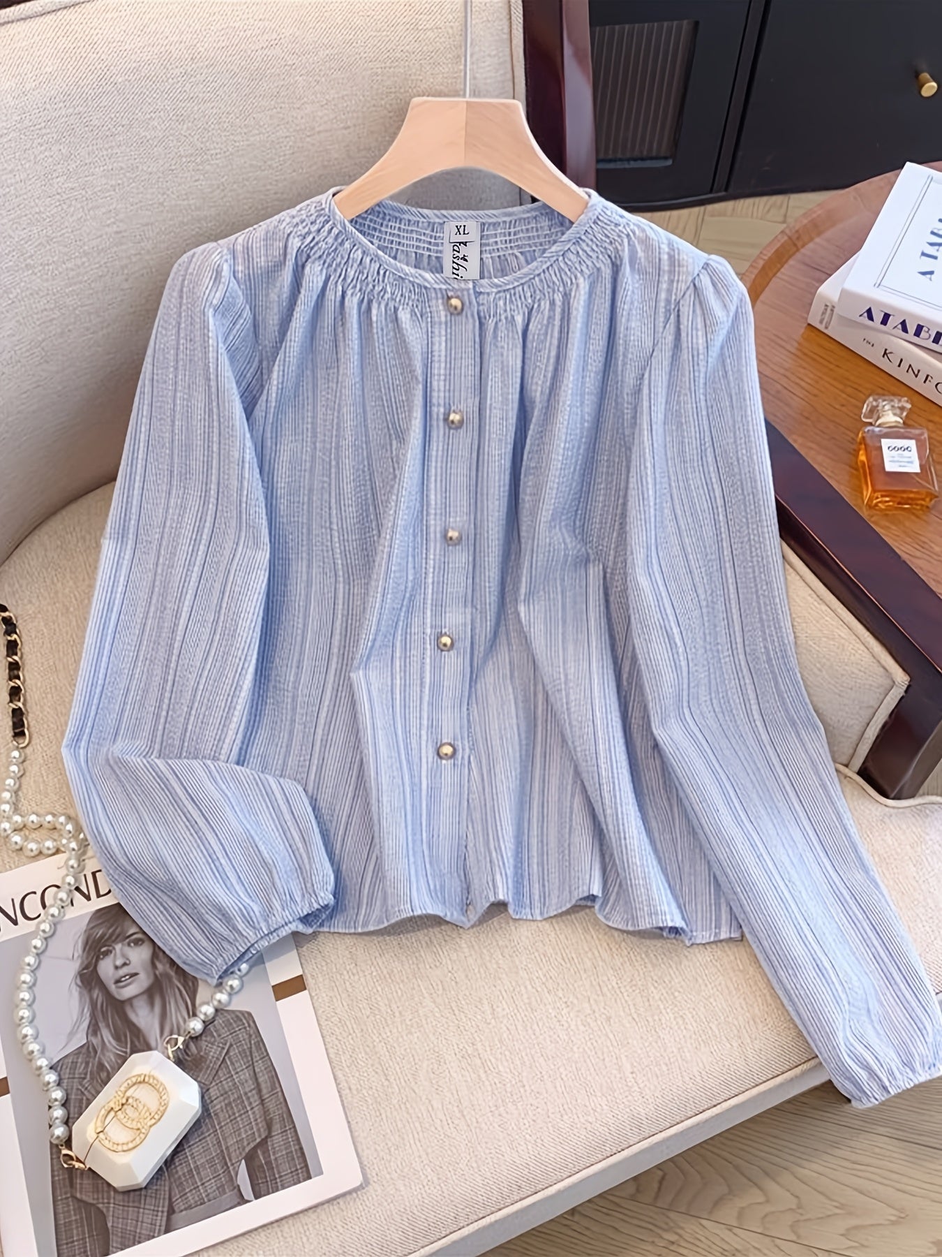 Women's Light Blue Striped Polyester Blouse with Ruffled Cuffs and Half Placket