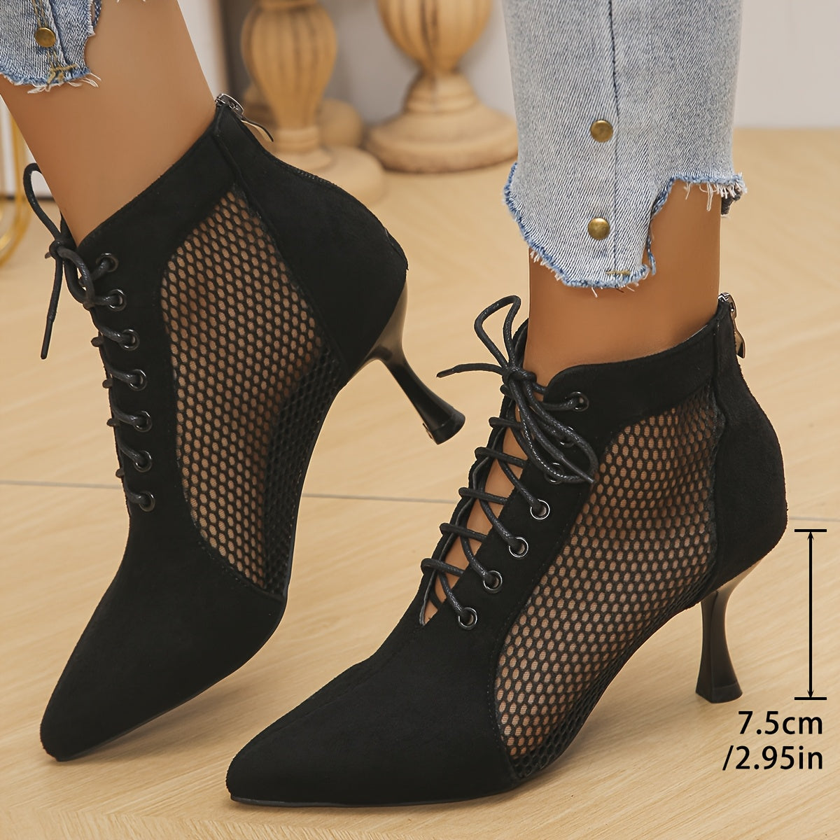 Women's Black Mesh Ankle Boots Pointed Toe Lace-Up Stiletto Heels
