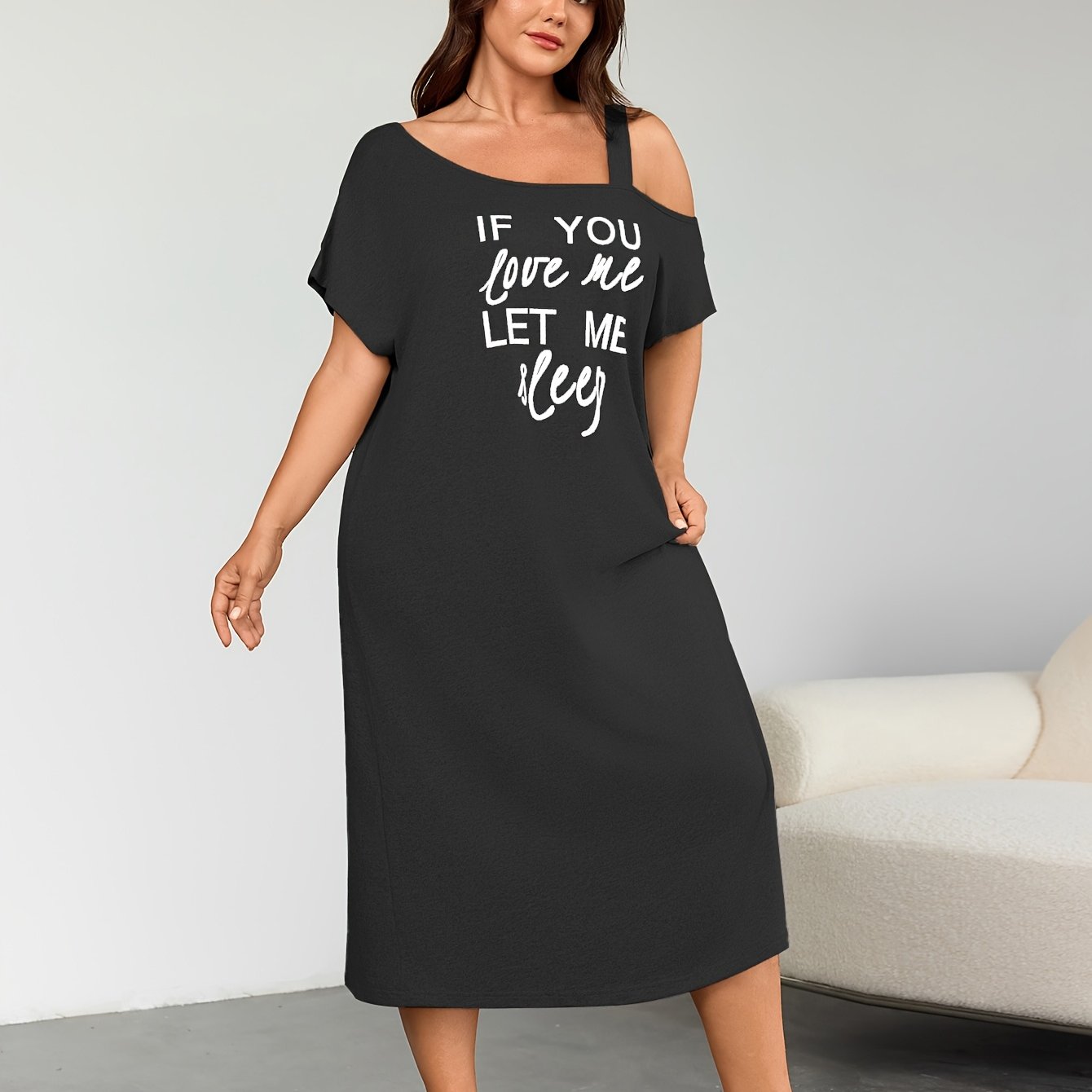 Plus Size Women's Sleep Dress Off-Shoulder Letter Print Gray Pajama Set