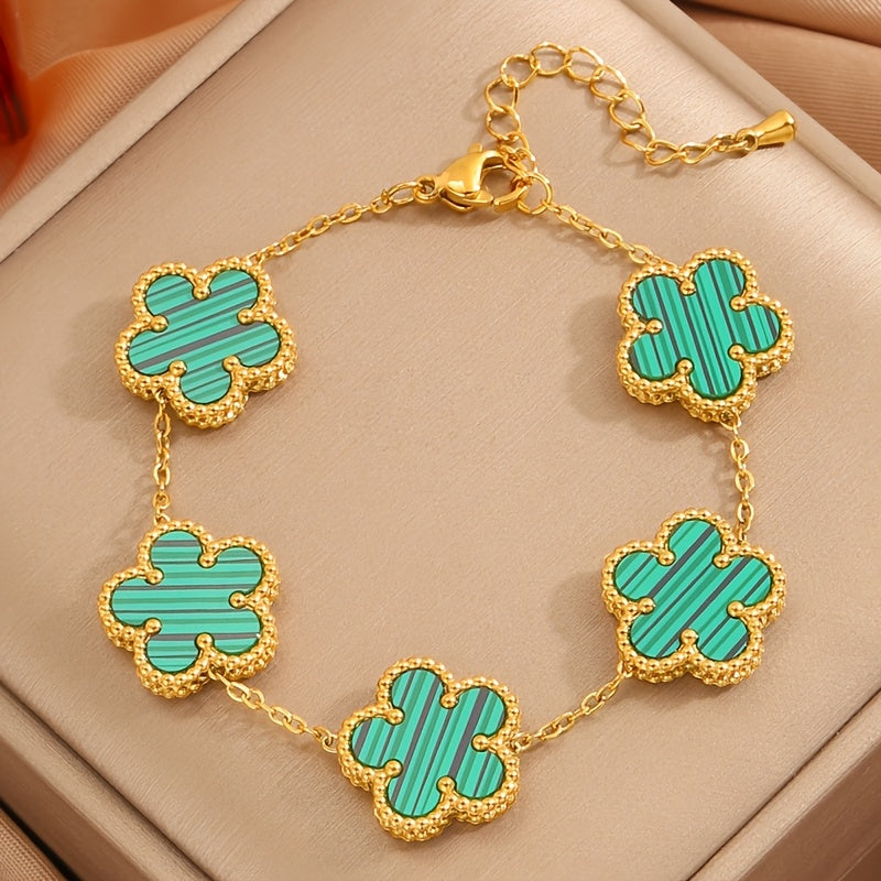 Set of 4 Gold Plated Stainless Steel Flower Bracelets with Rhinestones Boho Style for Women