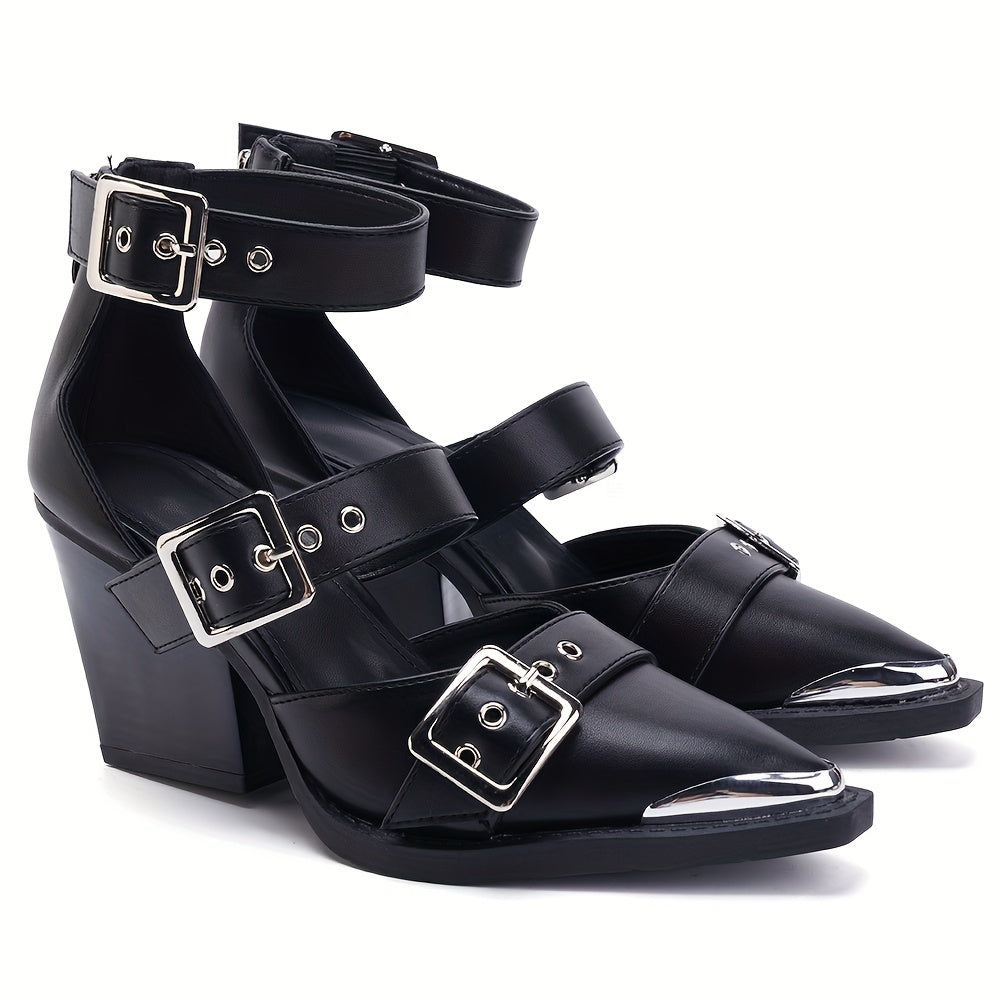Women’s Leather High Heels with Pointed Toe and Adjustable Buckle