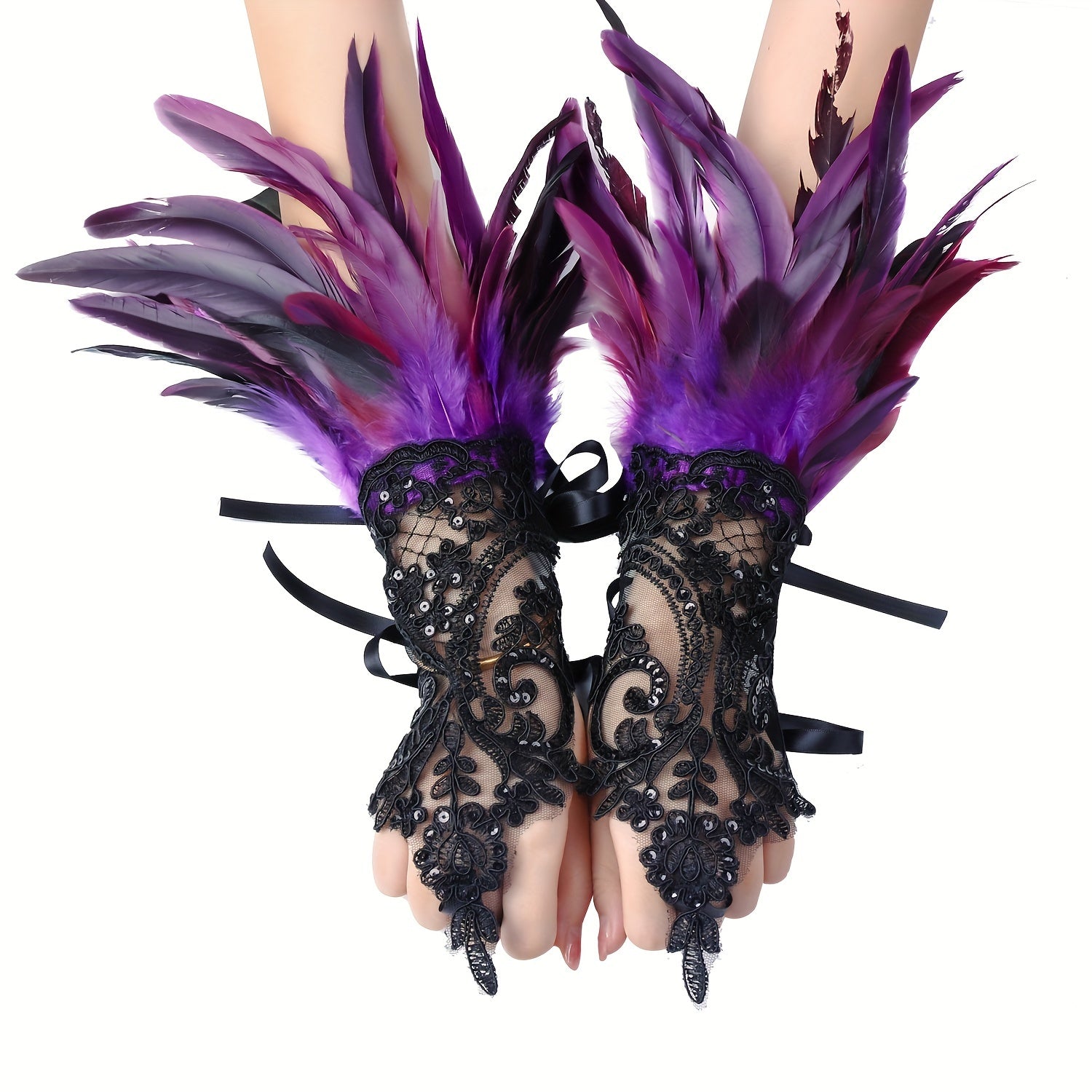 Gothic Lace Gloves with Faux Feathers Sequins and Lace-Up Hooks for Halloween
