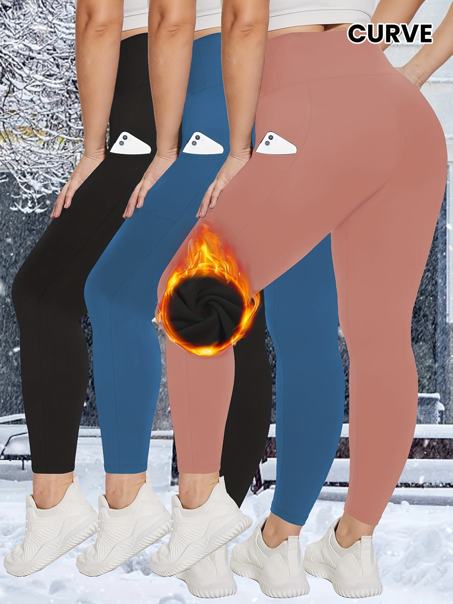 Plus Size Fleece-Lined Leggings High Waist Pockets Knit Solid Color