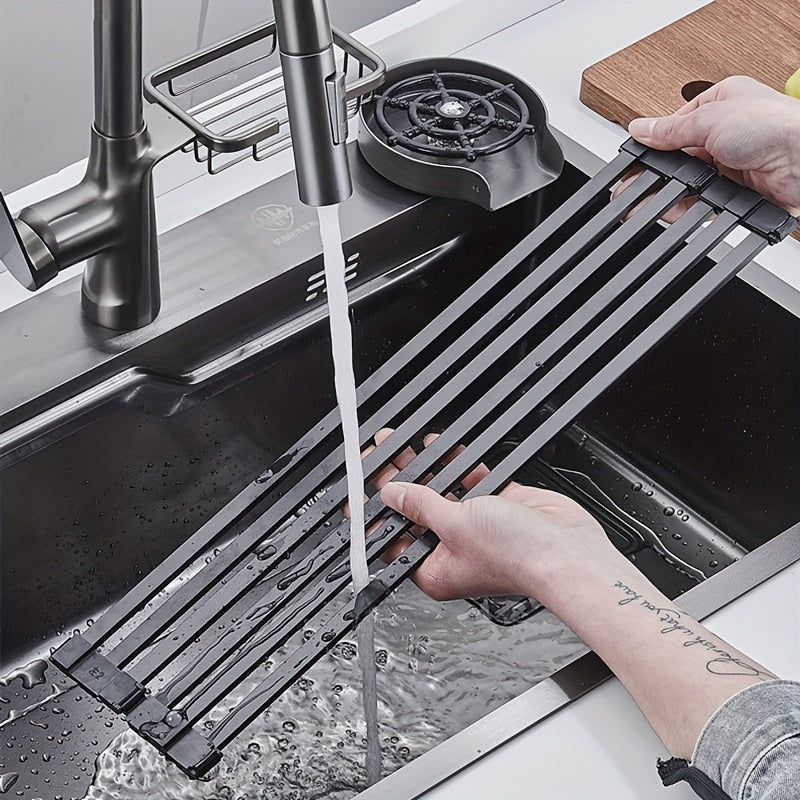 Foldable Aluminum Dish Rack with Drain Basket for Kitchen Sink Storage