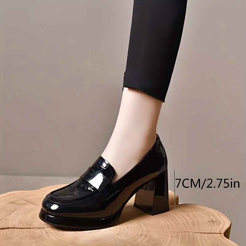 Women's Black Solid Color Block Heels with Square Toe and Rubber Sole